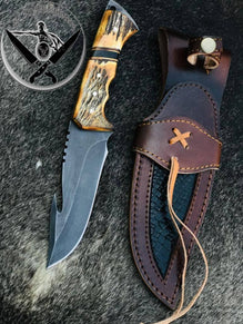 Custom Made Damascus Steel Fixed Blades Gut Hook Deer Hunting and